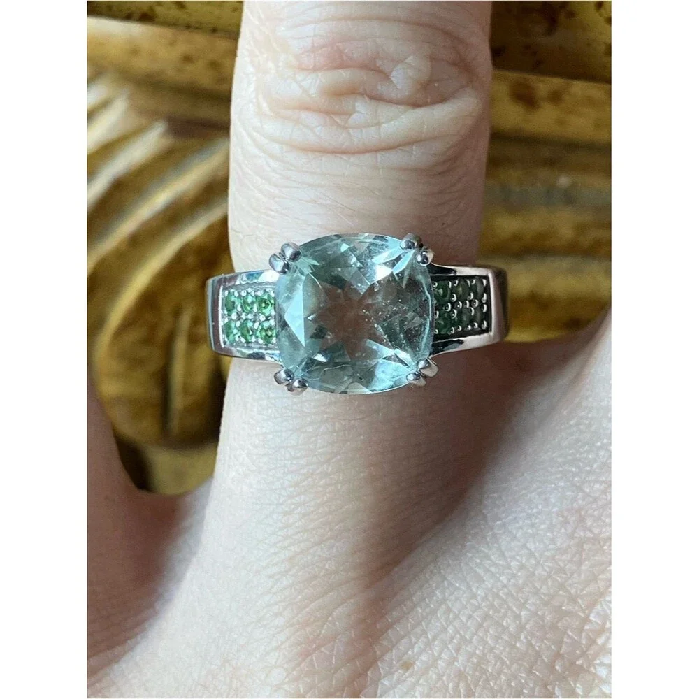 Natural Prasiolite Tsavorite Garnet Sterling Silver Ring Size 6